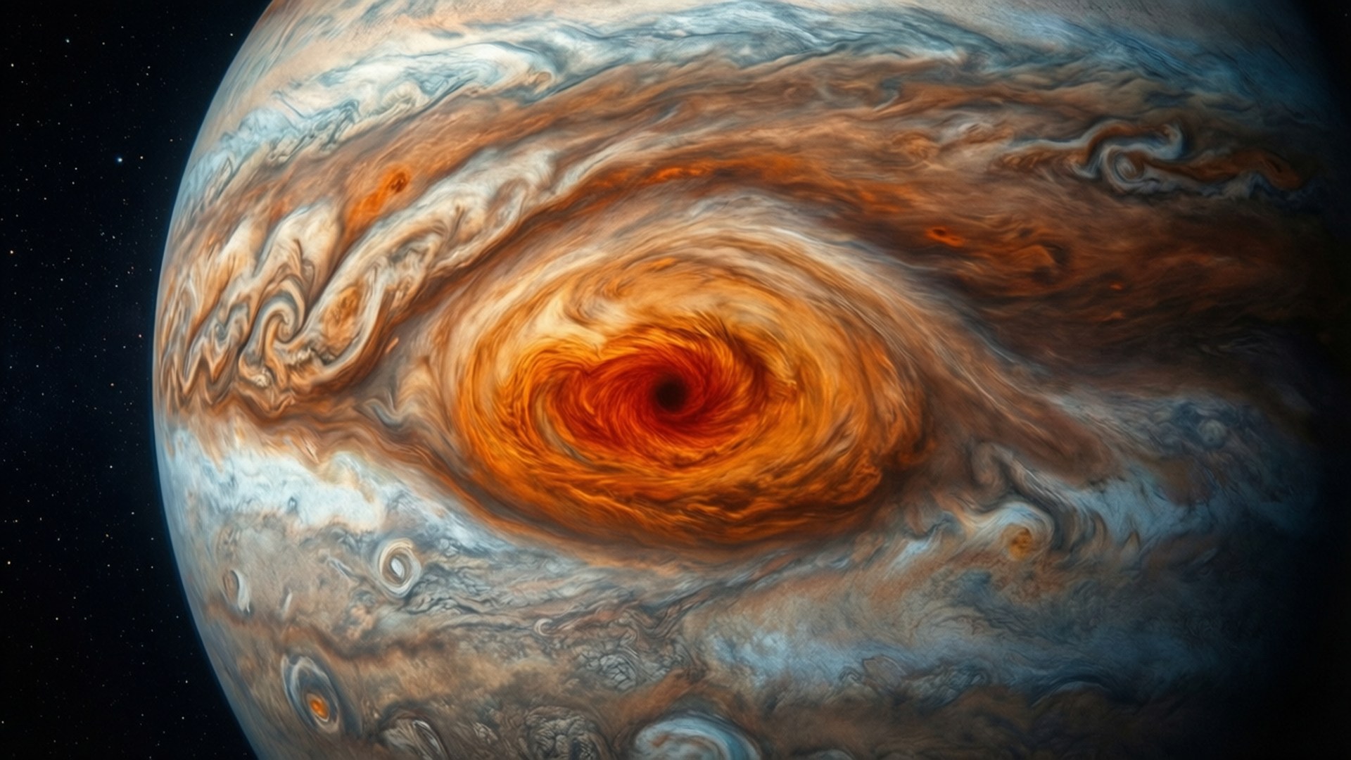 木星大紅斑特寫 壁紙 — 在星空下，一場巨大的旋轉風暴主宰了木星湍急的雲帶。