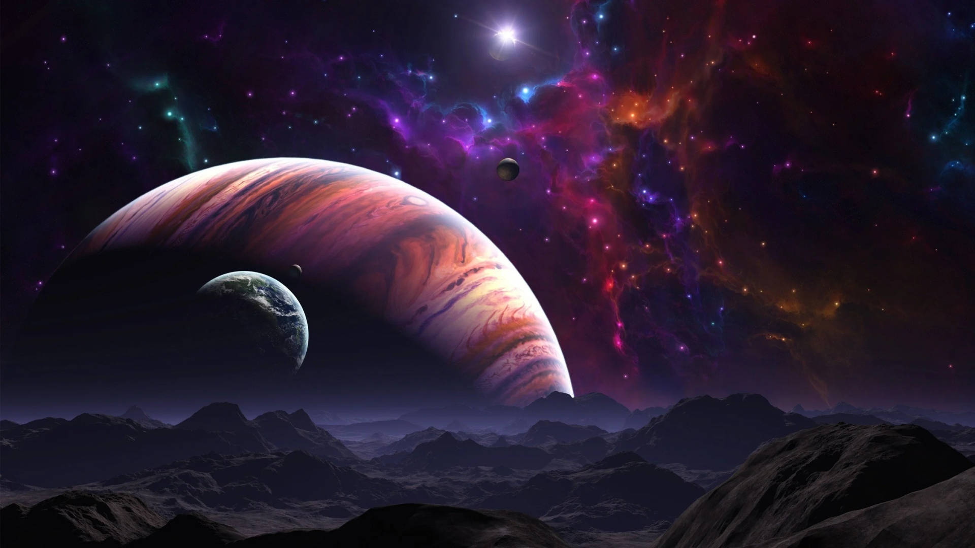 異星山脈仰望一顆巨大行星和藍色月亮，背景是色彩繽紛的星雲。