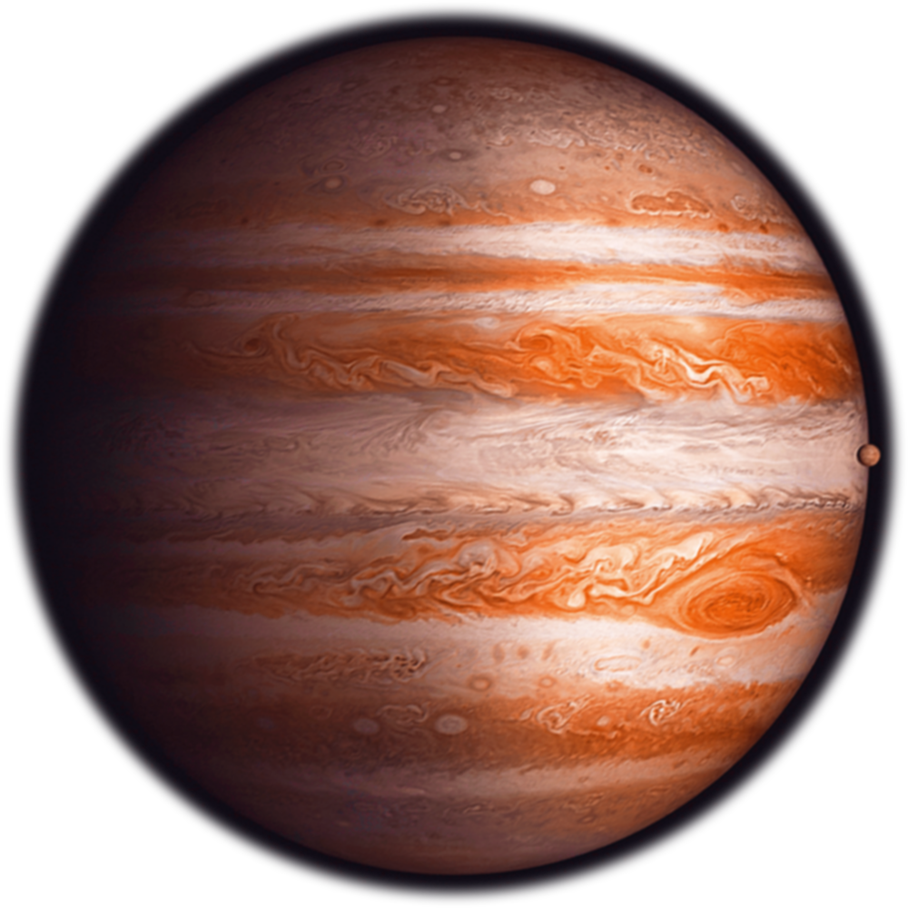 木星氣態巨行星太空視圖 壁紙 — 木星嘅生動詳細視圖，展示旋轉嘅橙色同白色雲帶，附近可見一個小衛星。