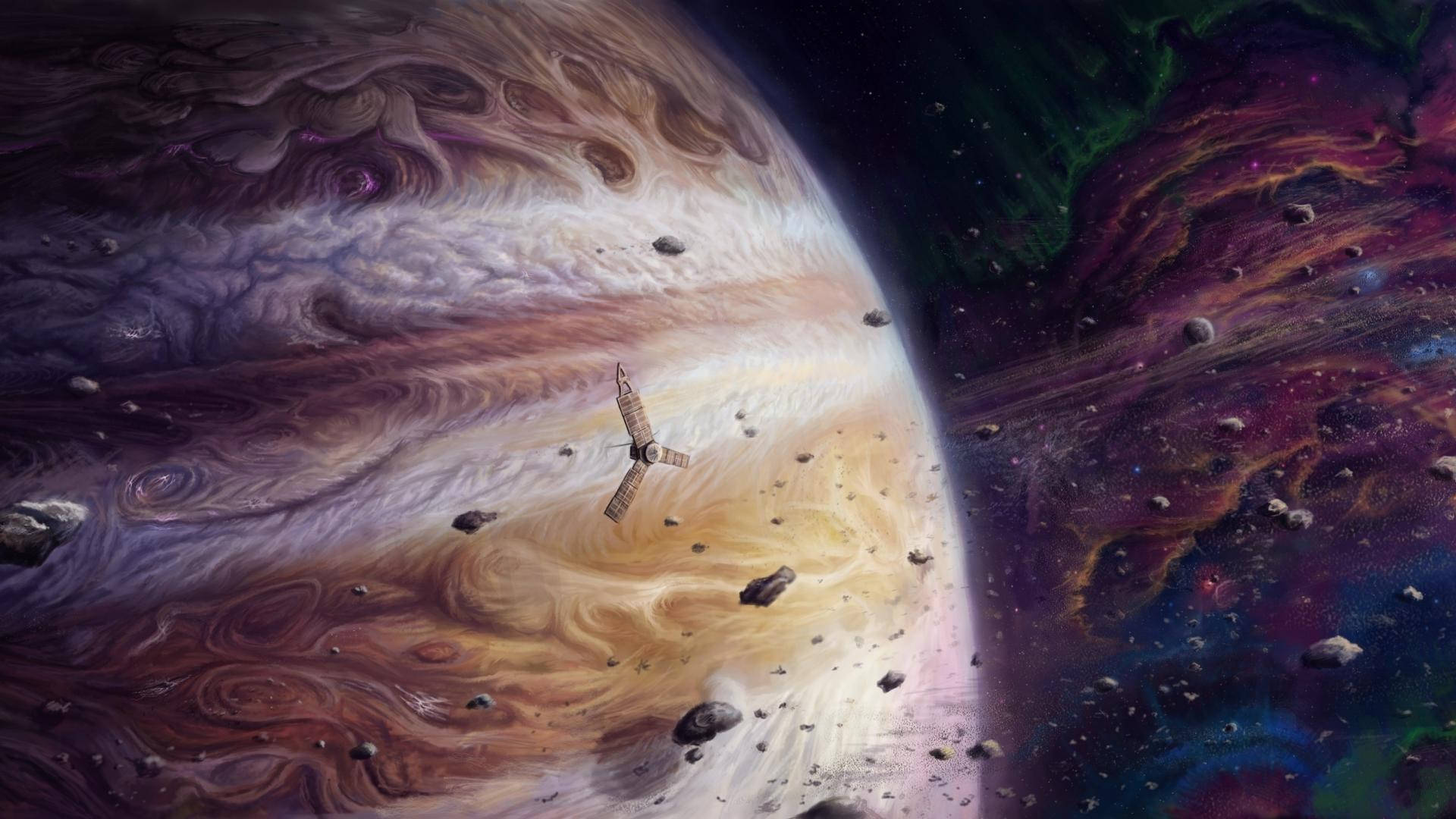 太空船在木星風暴大氣層中航行，背景有小行星和彩色星雲。