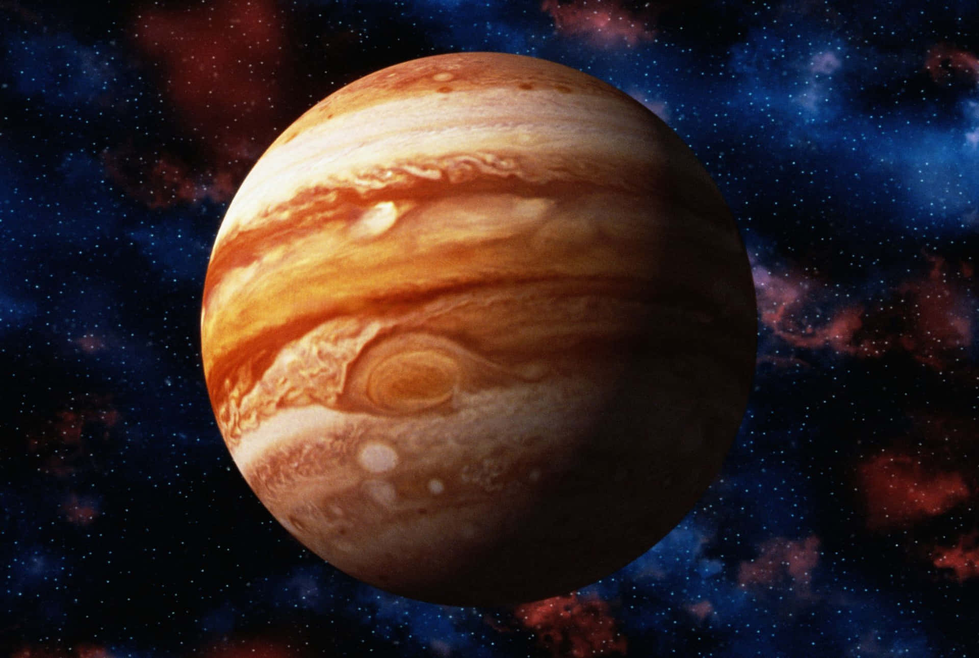 帶有旋轉條紋的木星漂浮在充滿宇宙雲層的星空中。 — 木星 GIF 壁紙