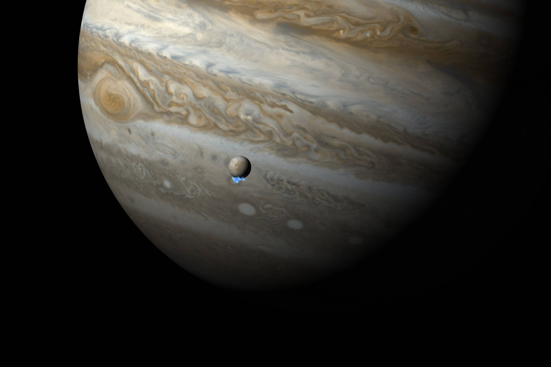 木星與一顆衛星在太空中將其陰影投射到雲帶上。