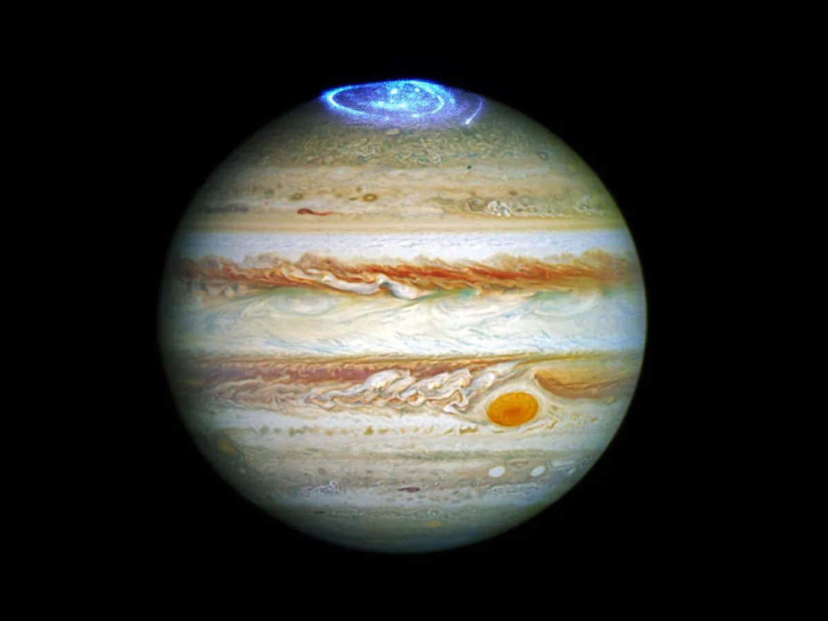 木星行星，帶有漩渦狀雲層和藍色極地風暴。 — 木星 GIF 壁紙