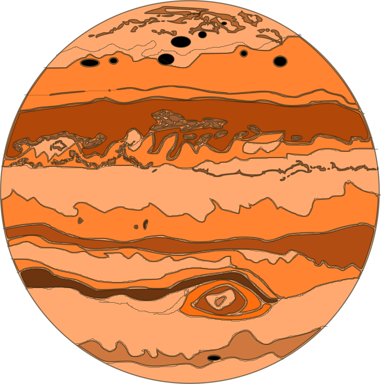 木星行星插圖 壁紙 — 一個風格化的橙色行星，帶有漩渦狀條紋和黑色背景上的暗點。