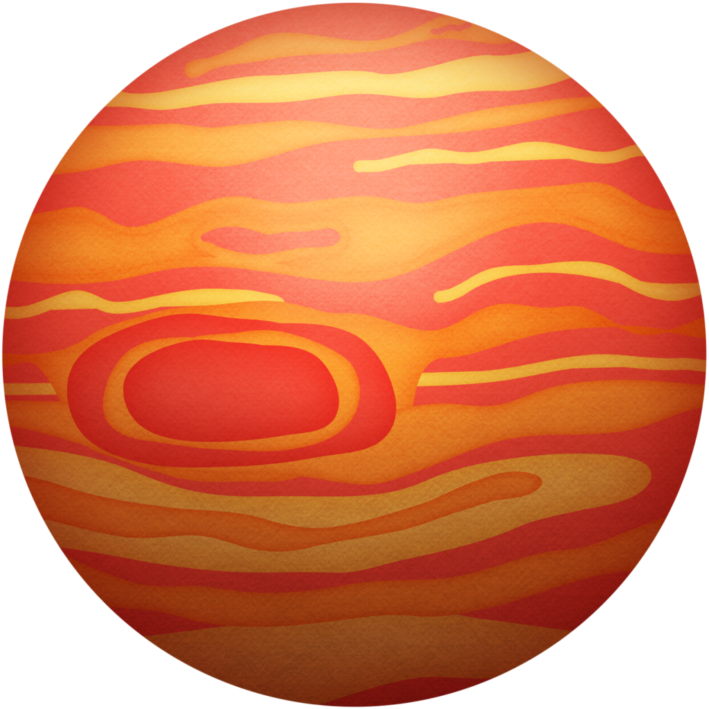 木星行星插畫 壁紙 — 一個風格化的行星，帶有旋轉的橙色、紅色和黃色條紋，以及一個中央橢圓形風暴，背景是黑色虛空。