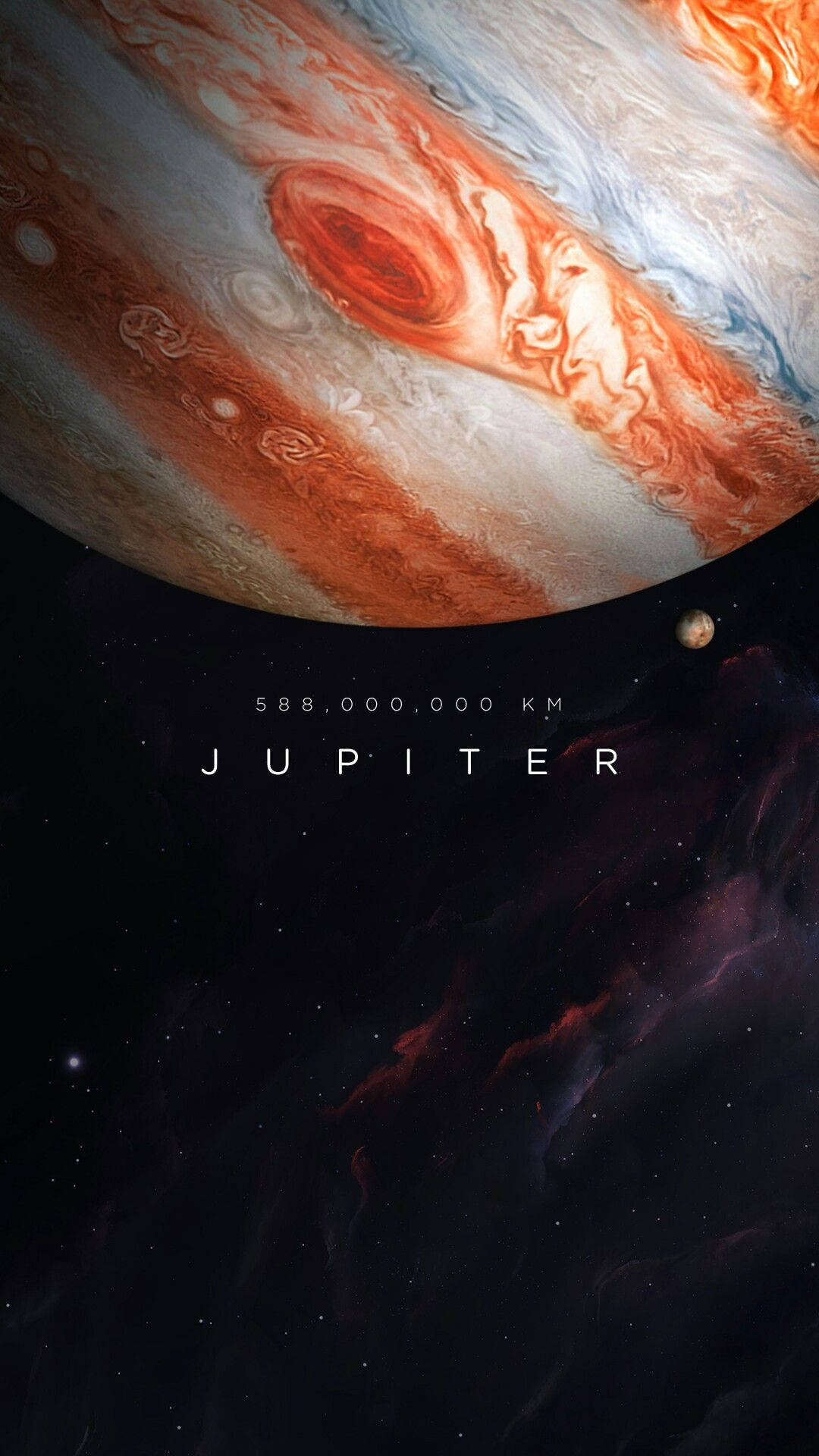 木星行星帶有旋轉條紋和太空中的衛星，背景有星雲和星星