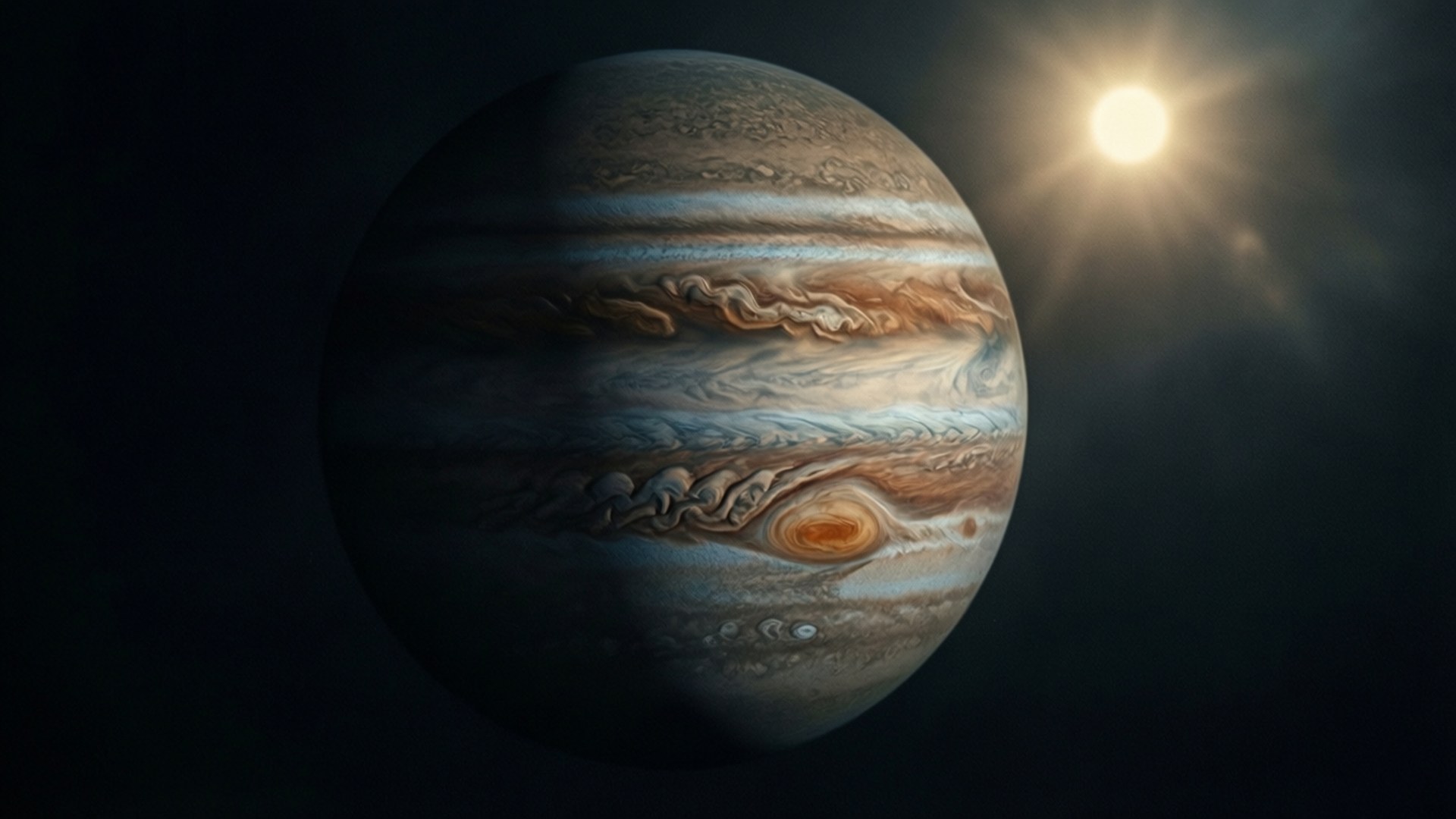 木星在太空中被太陽照亮，帶有旋轉的風暴和大紅斑。