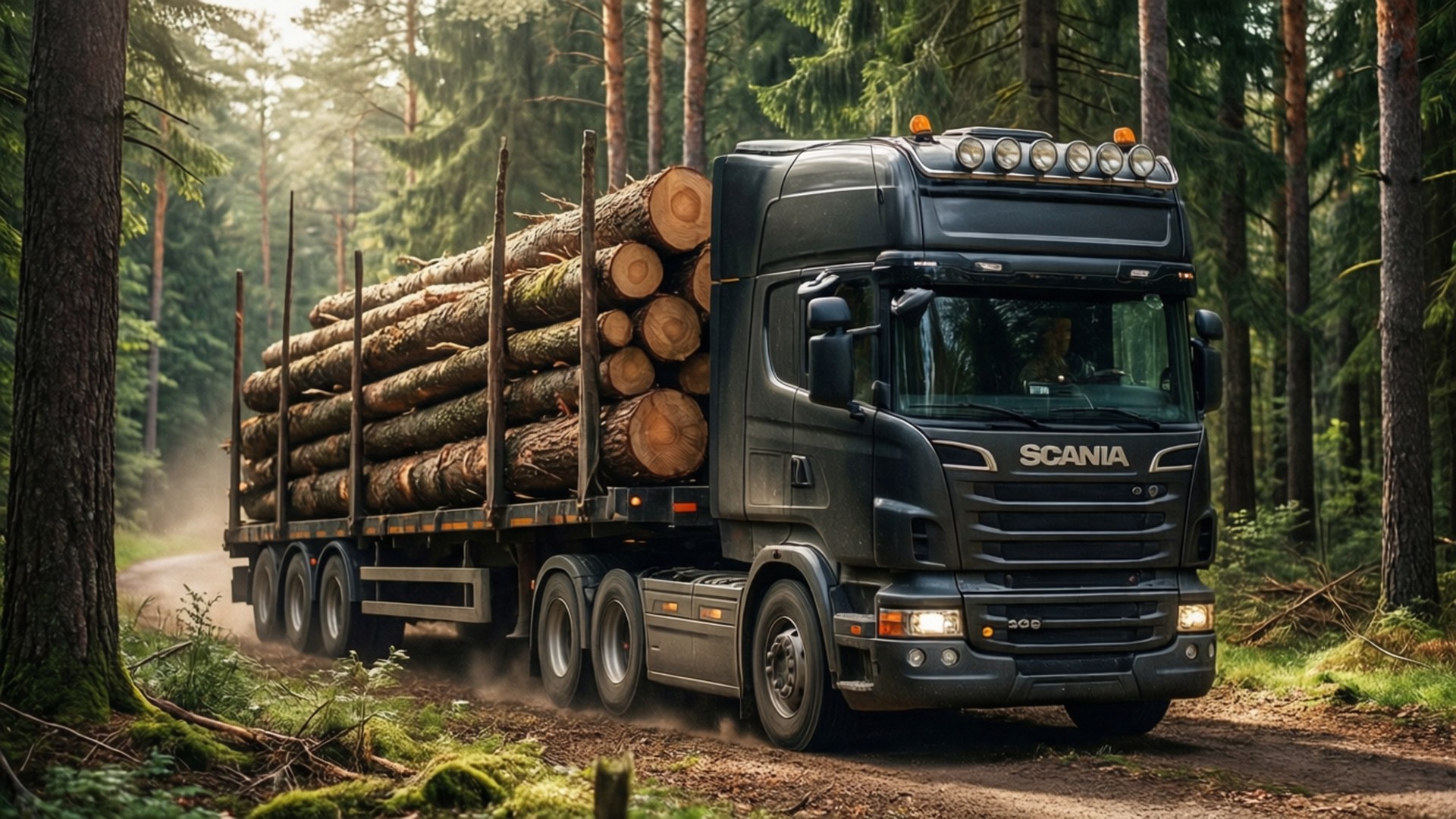 木材運輸者 壁紙 — 一架黑色 Scania 運木車在霧氣瀰漫、陽光明媚的森林中的泥路上運送巨大的木材。
