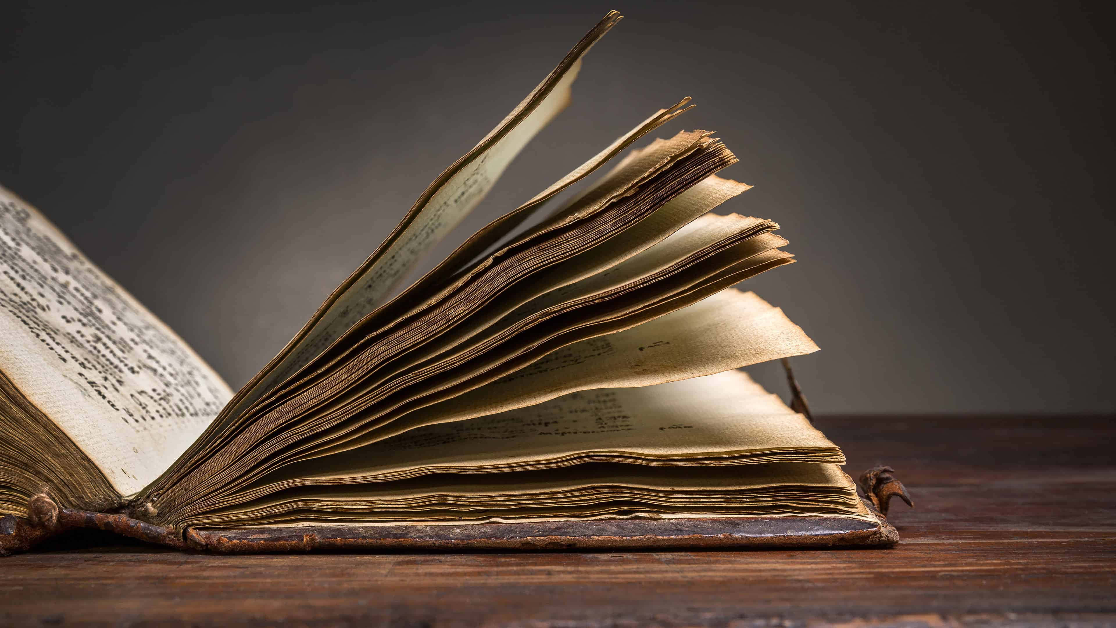 木桌上的一本打開的書 壁紙