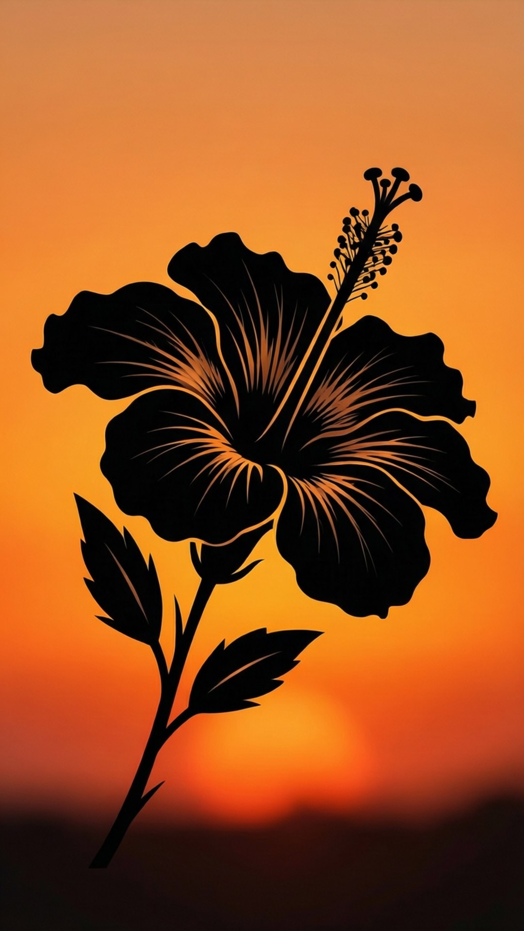 黑色木芙蓉花剪影襯托橙色日落天空