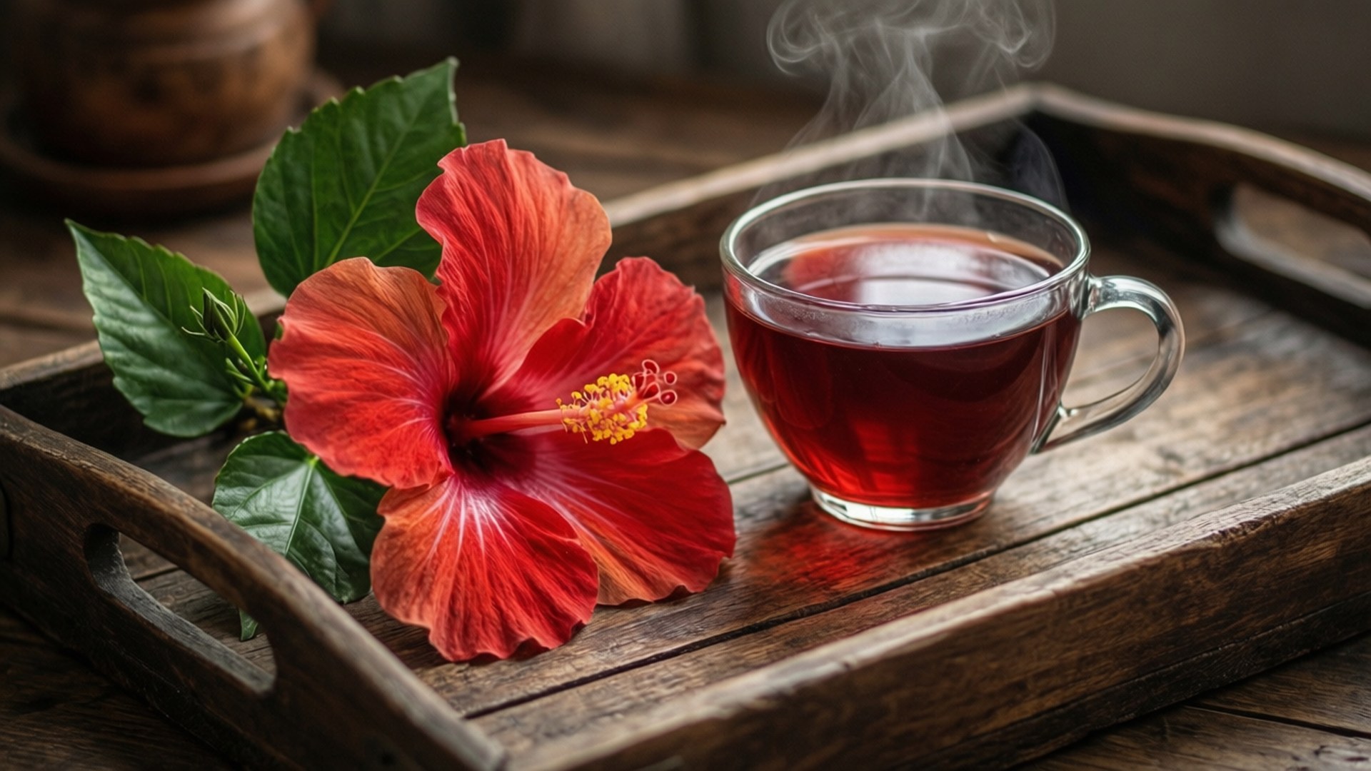 一杯熱茶旁邊放著一朵紅色木槿花在木托盤上。