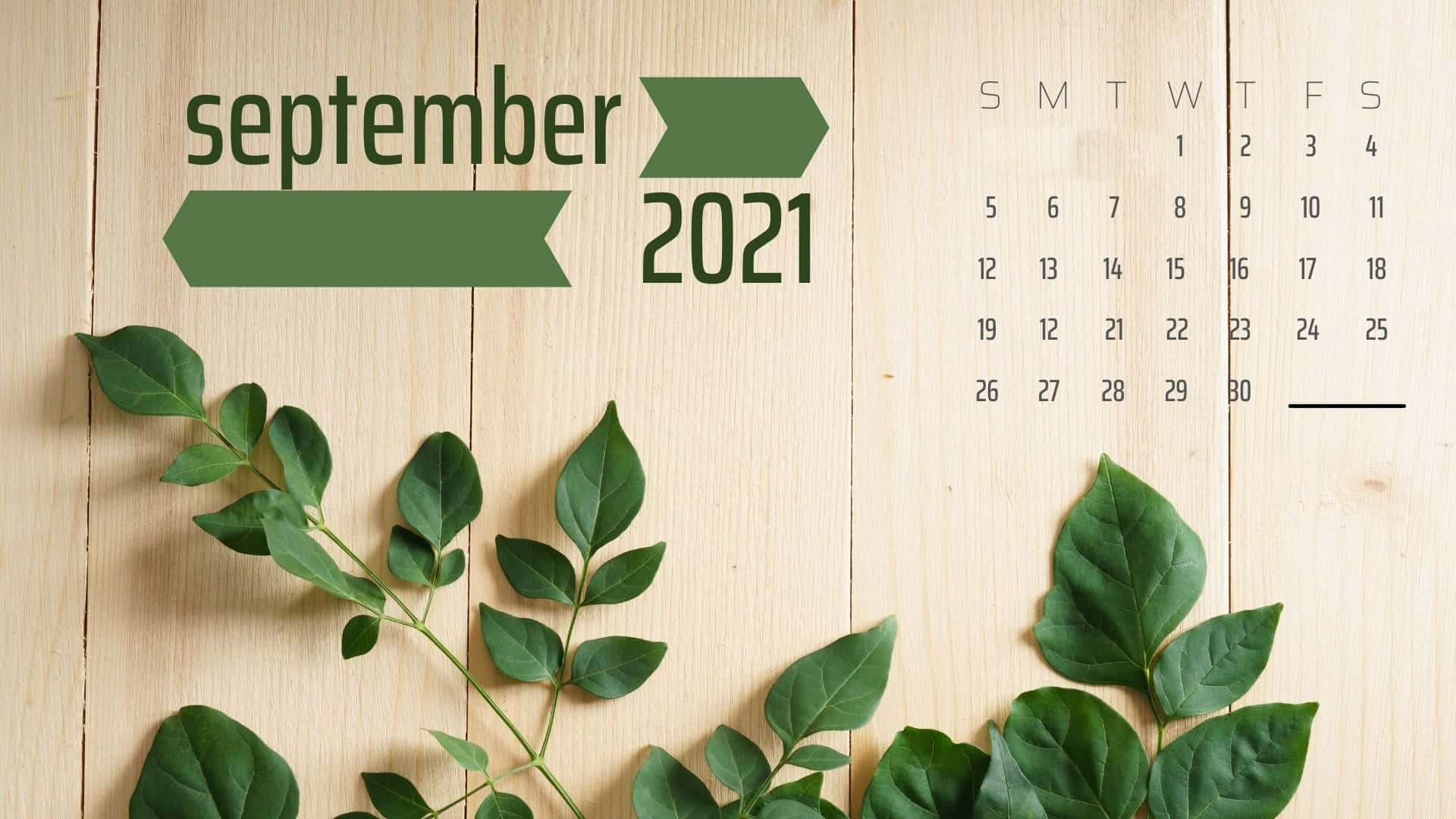 2021年9月月曆，木質表面上綠色葉子。