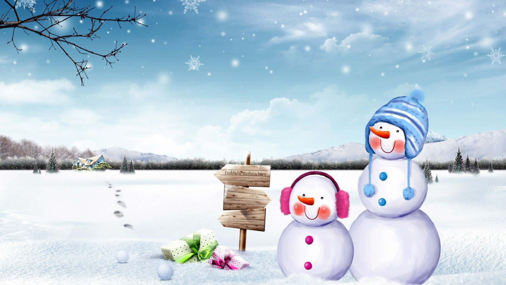 木牌冬季可愛背景 壁紙 — 兩個穿著冬季服裝的快樂雪人站在雪地裡的木牌旁邊，雪花飄落。