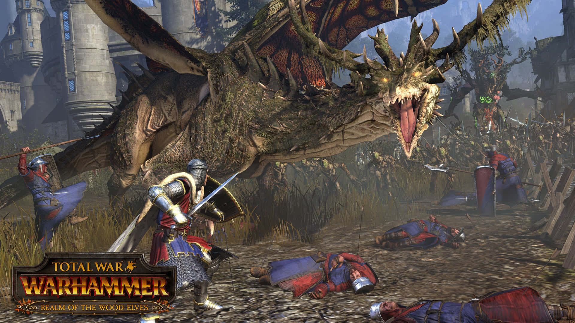 木精靈王國 1920x1080 Total War Warhammer 背景 壁紙 — 一隻長滿苔蘚鱗片、眼睛發光的巨龍，在石城堡附近的中世紀戰場上，對著倒下的戰士咆哮。