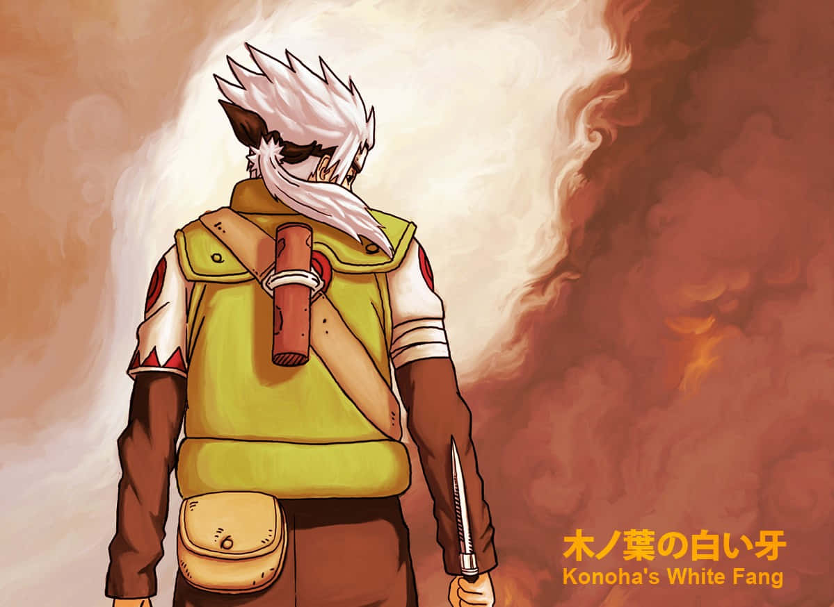 木葉村——充滿魔法的隱密世界 壁紙 — 一個刺蝟頭、身穿綠色背心的動漫忍者，背光站在旋轉的橙色煙霧中，手持苦無。