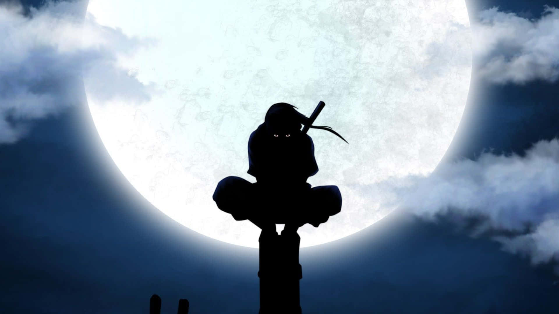 忍者剪影，雙眼發光，襯托著滿月和 dark 雲層。