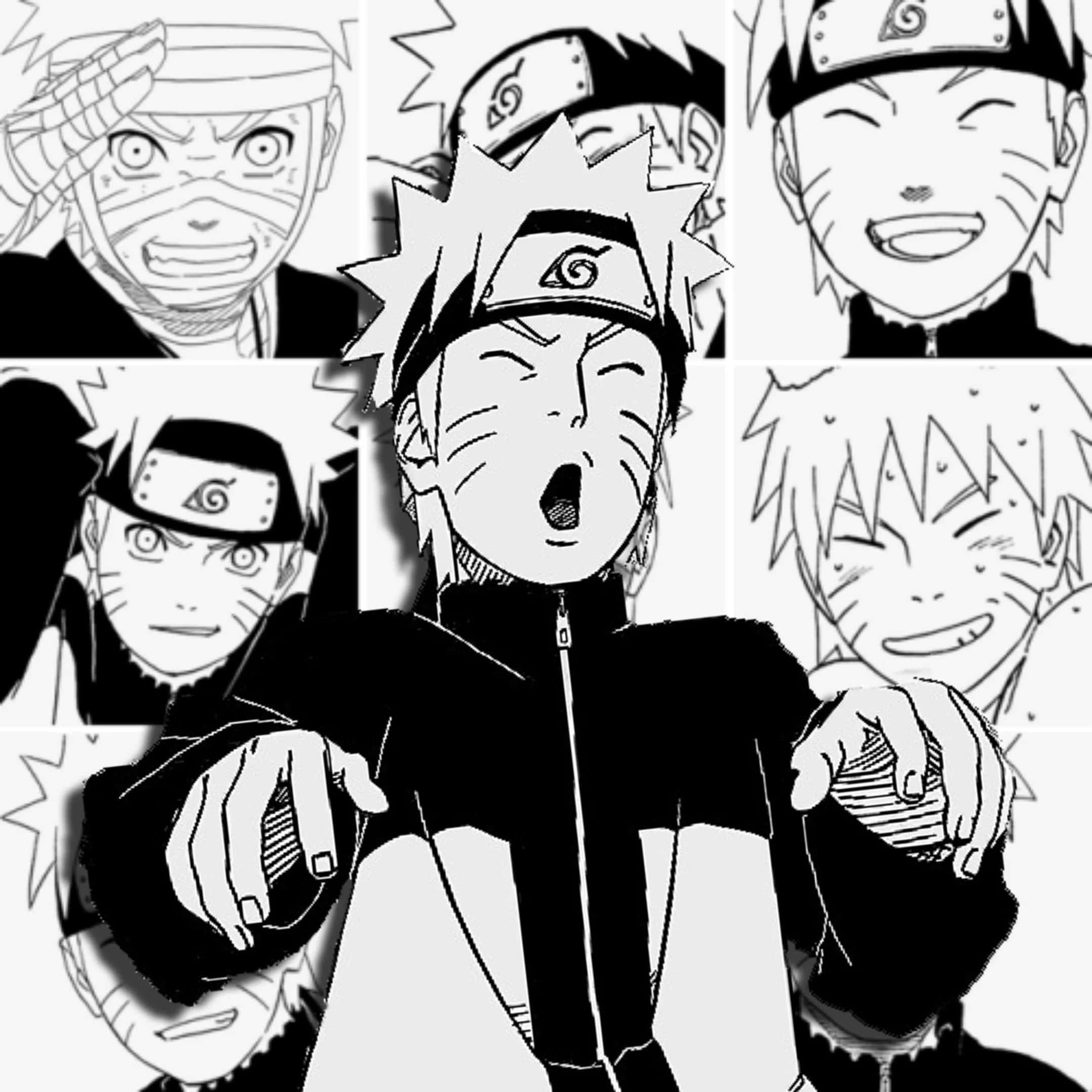 木葉村的鳴人 Uzumaki 壁紙 — 一幅黑白漫畫拼貼畫，描繪漩渦鳴人各種富有表現力的姿勢和情感。