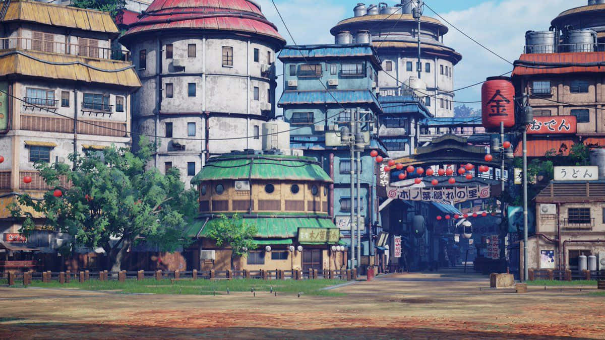 木葉村街景 壁紙 — 充滿活力的動漫風格街景，色彩繽紛的建築物、紅色燈籠和日文招牌，在明亮的藍天下。