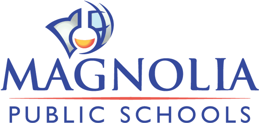 木蘭公立學校標誌 壁紙 — Magnolia Public Schools 的時尚標誌，以風格化的木蘭花為特色，帶有橙色中心和藍色漸變花瓣。