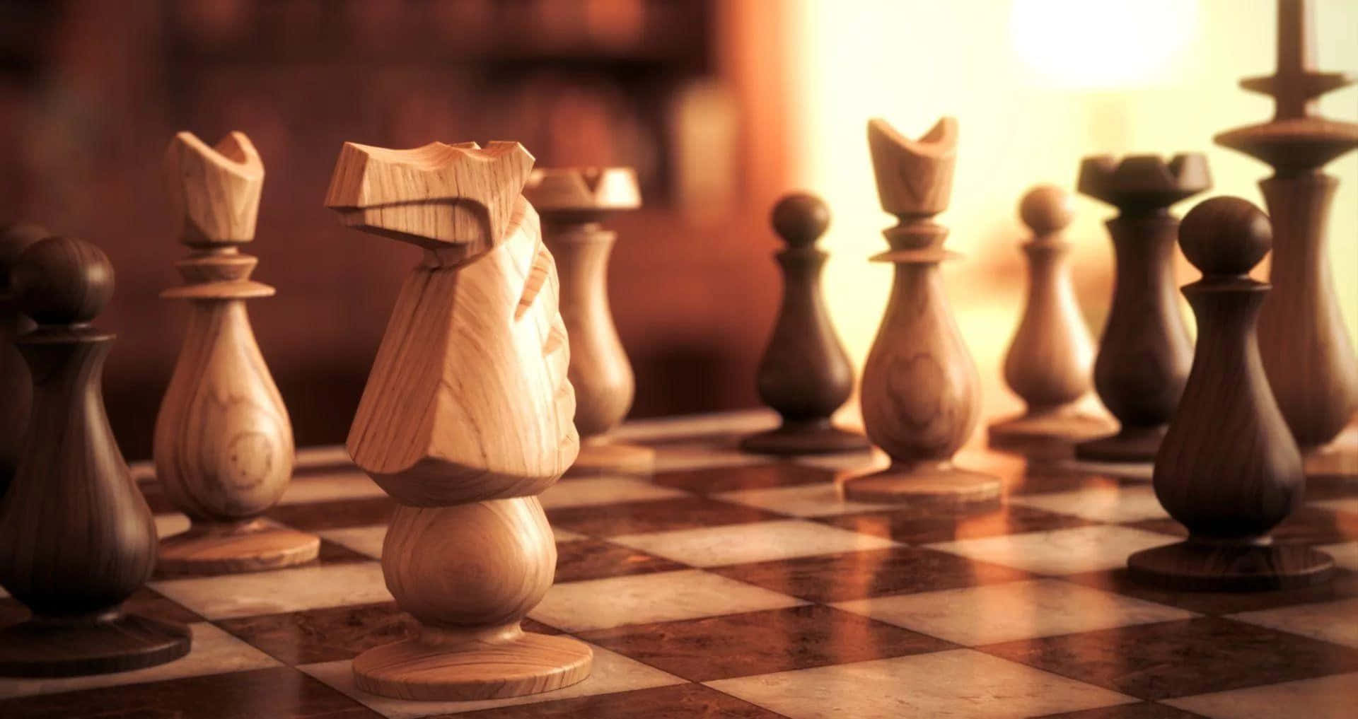 國際象棋 桌布 壁紙 — 木製國際象棋棋子嘅特寫，喺格仔棋盤上，沐浴喺溫暖金色光線中，景深較淺。
