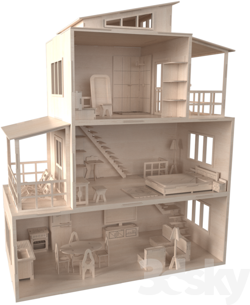 木製娃娃屋模型 壁紙 — 一個詳細的3D渲染剖面圖，展示多層木製娃娃屋內有家具的房間和樓梯。