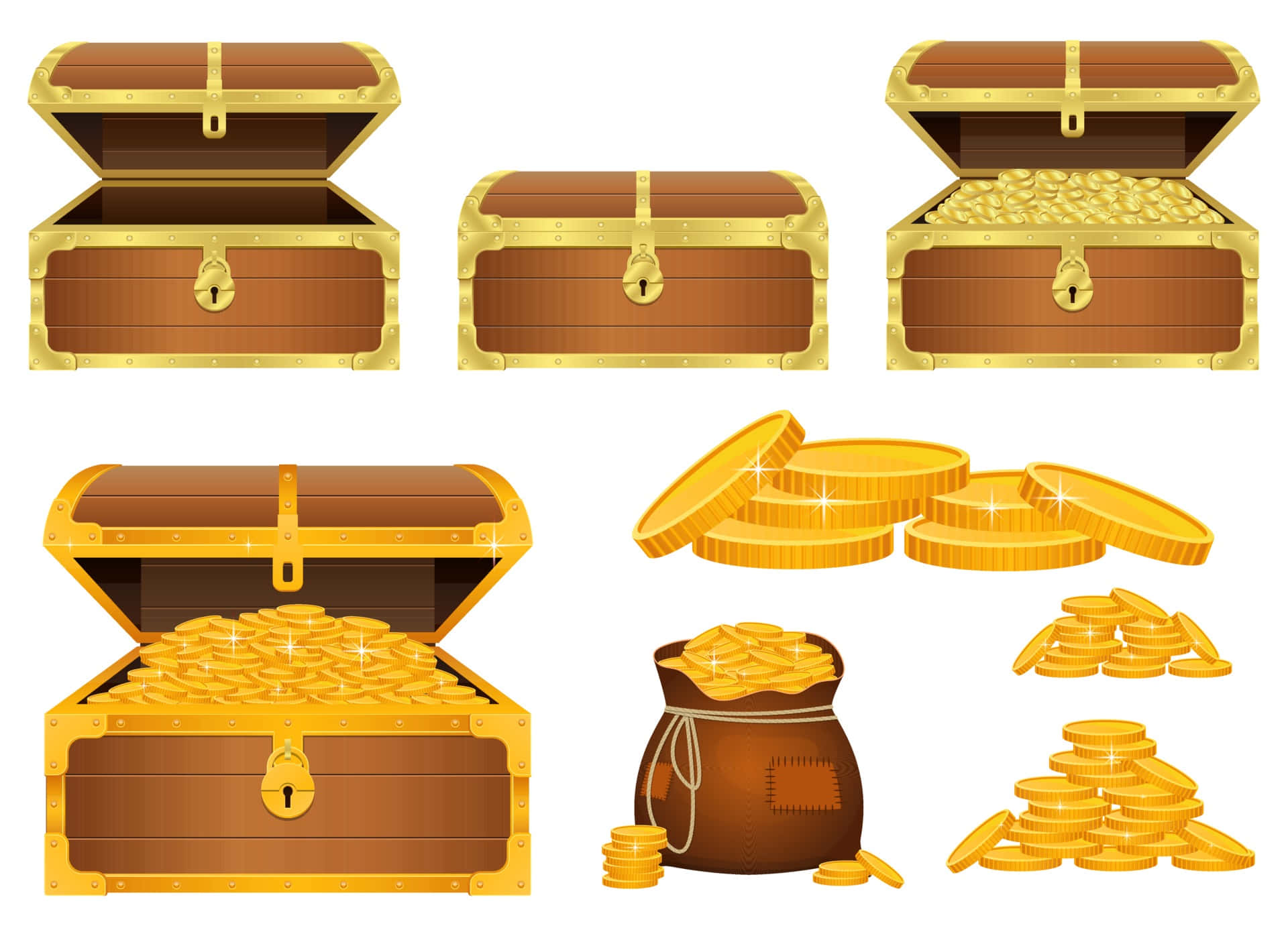 Treasure 桌布 壁紙 — 木製寶箱和袋子溢出閃亮金幣和金條的插圖套裝。