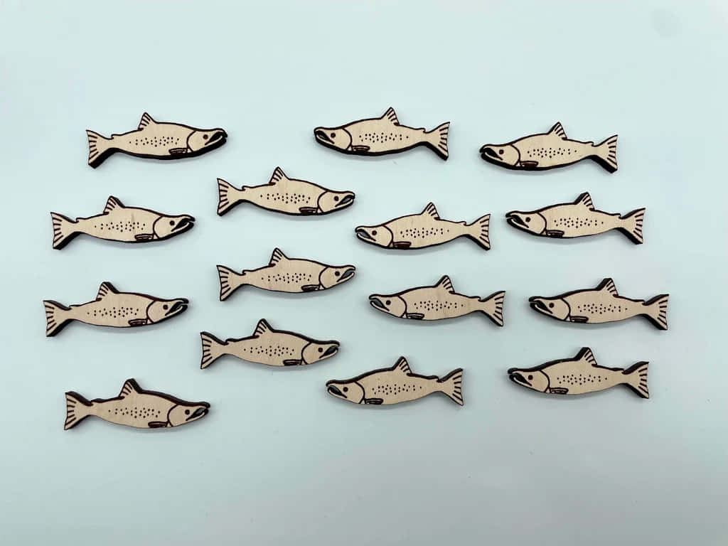 木製紅鮭魚剪影 壁紙 — 十二個雷射切割木製三文魚形狀裝飾品整齊排列在淡藍色表面上。