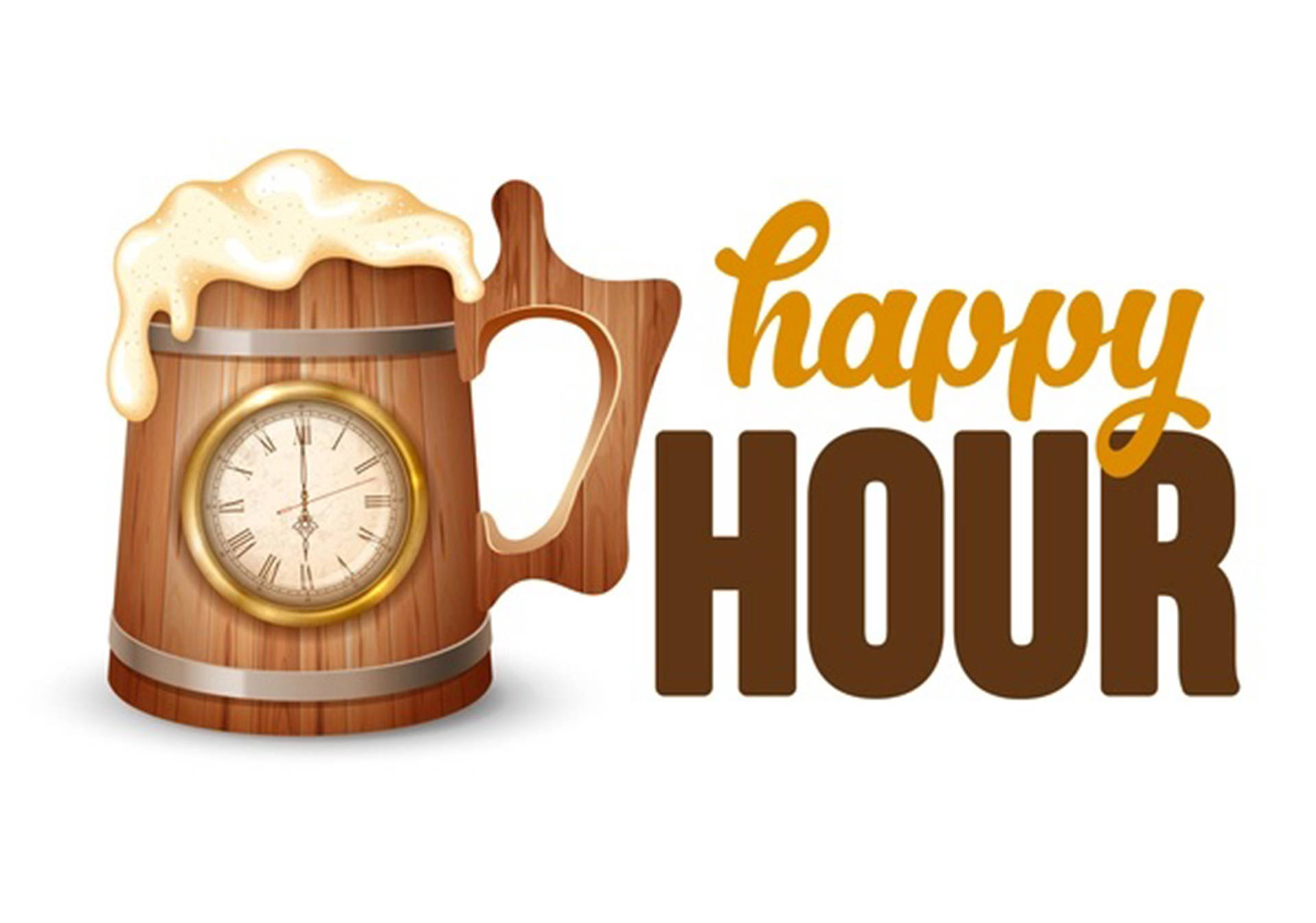 木製啤酒杯，帶有鐘面和happy hour文字