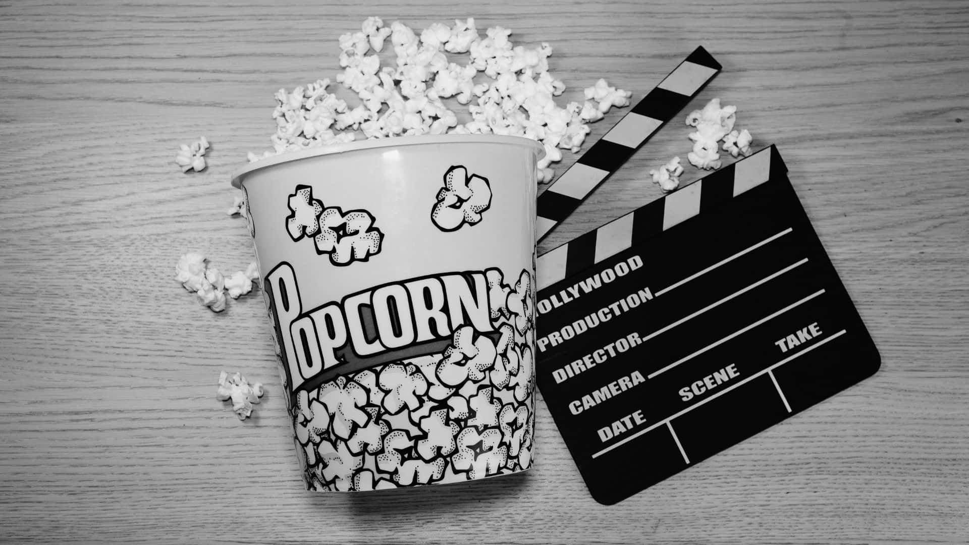 Black And White Movie 桌布 壁紙 — 木質表面上嘅黑白靜物，有一個爆谷桶同拍板，周圍散落爆谷。