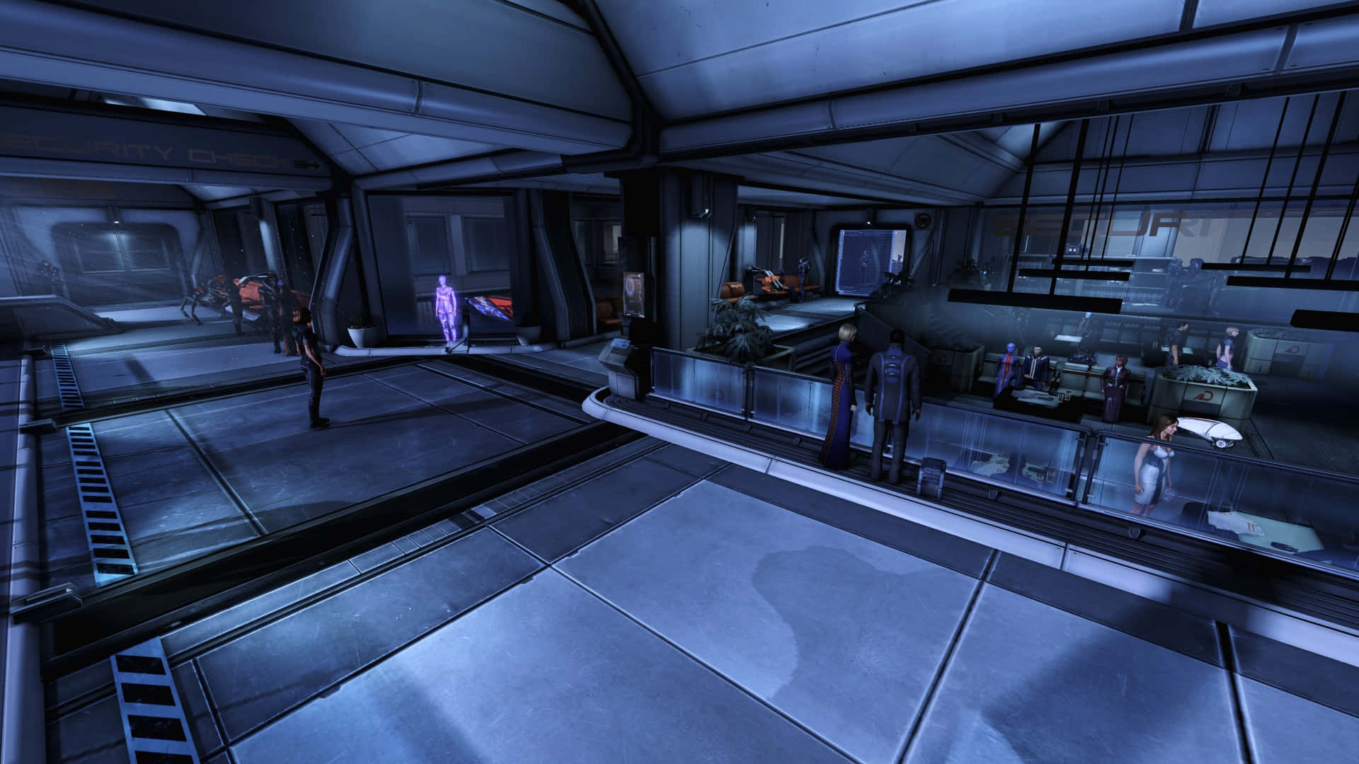 Mass Effect Citadel 桌布 壁紙 — 未來主義太空船內部，金屬地板發出藍光，身穿制服的船員在多層走廊中行走。