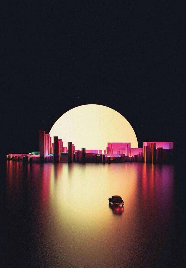 夜晚，一艘小船在水面上，映照著大月亮下閃爍霓虹燈光的城市。
