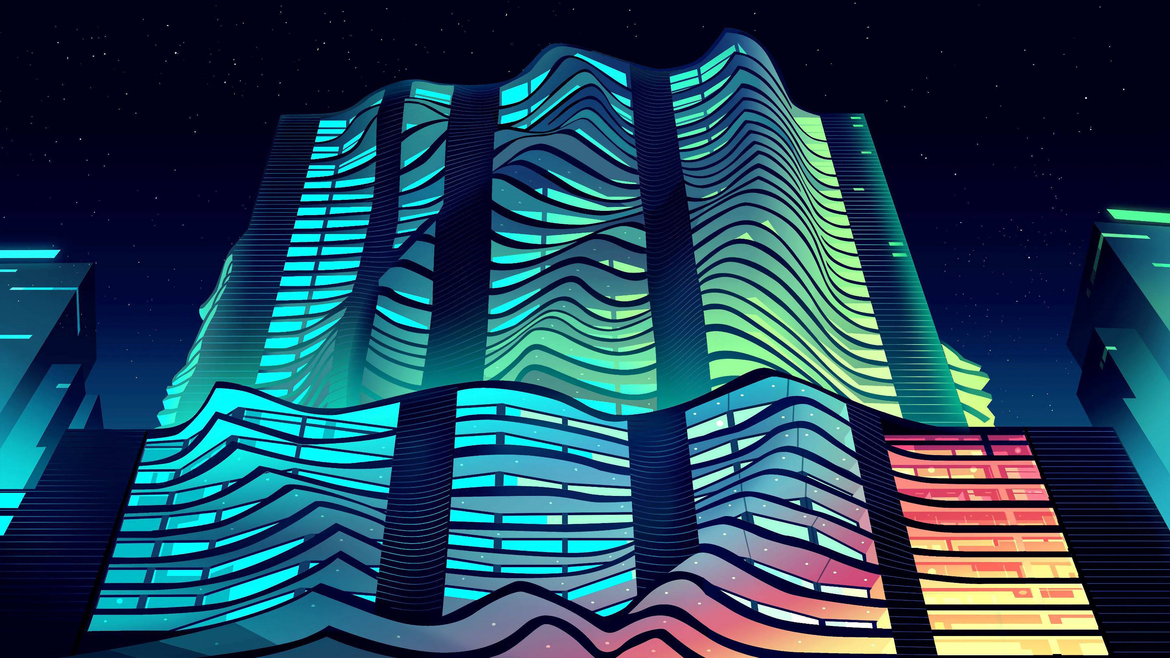 Digital 桌布 壁紙 — 未來主義的城市夜景，波浪形霓虹燈摩天大樓在星空下發出電光藍、綠和橙色光芒。