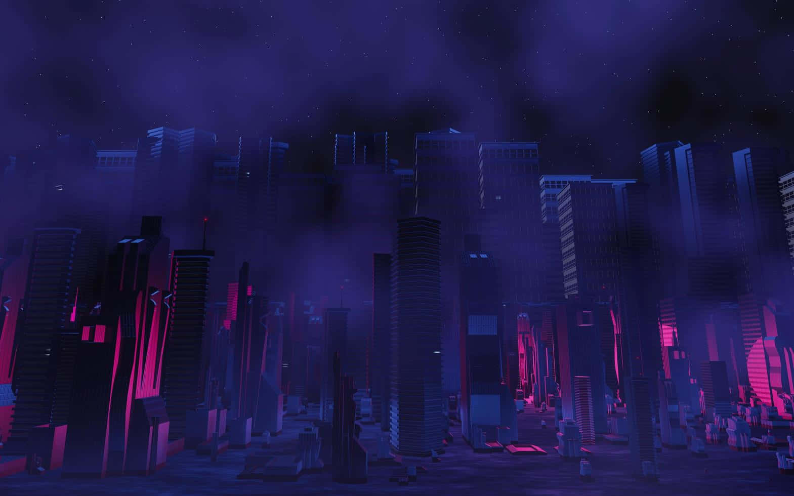 3d City 桌布 壁紙 — 未來主義的城市夜景，高聳的摩天大樓在星空下閃爍著霓虹粉紅和紫色光芒。