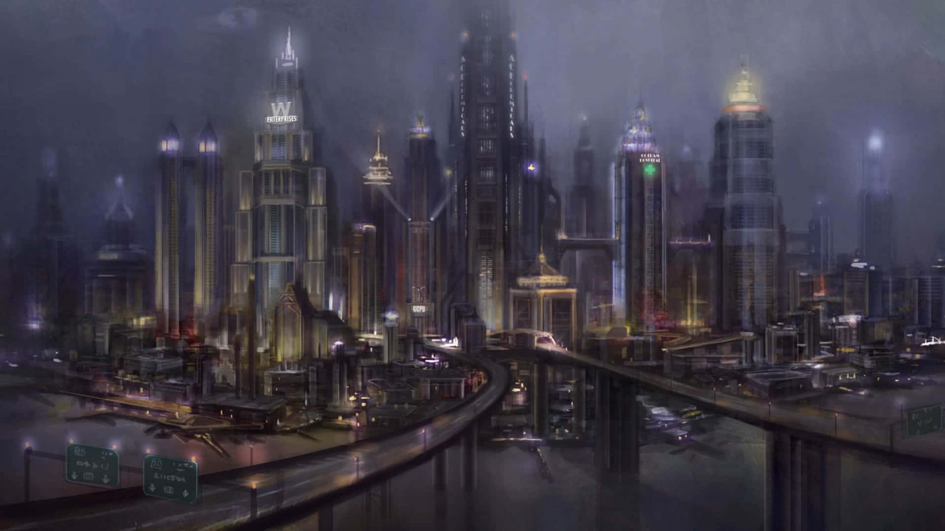 Gotham City 桌布 壁紙 — 未來主義的城市夜景，高聳的摩天大樓在迷霧天空下閃耀，照明的高速公路蜿蜒穿過城市叢林。