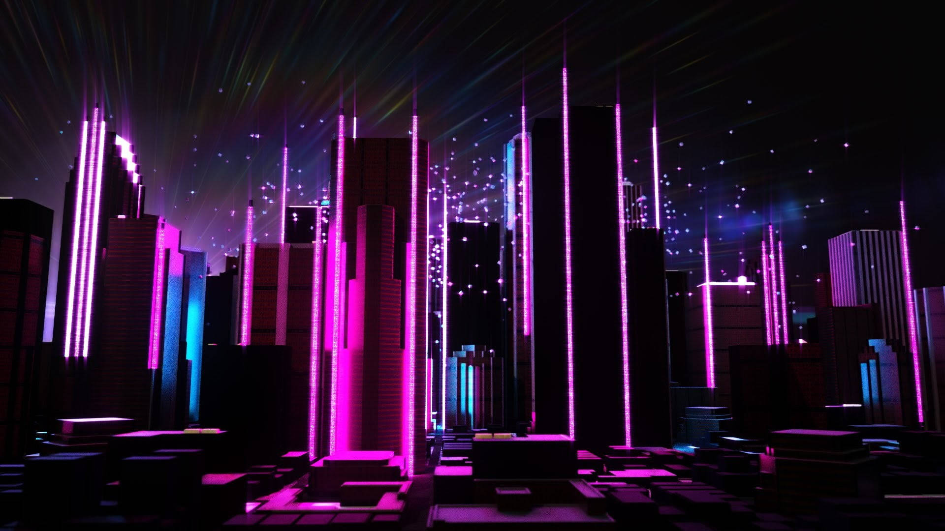 Skyscraper 桌布 壁紙 — 未來主義的城市夜景，高聳的摩天大樓在星空下閃耀著充滿活力的粉紅色和藍色霓虹燈。
