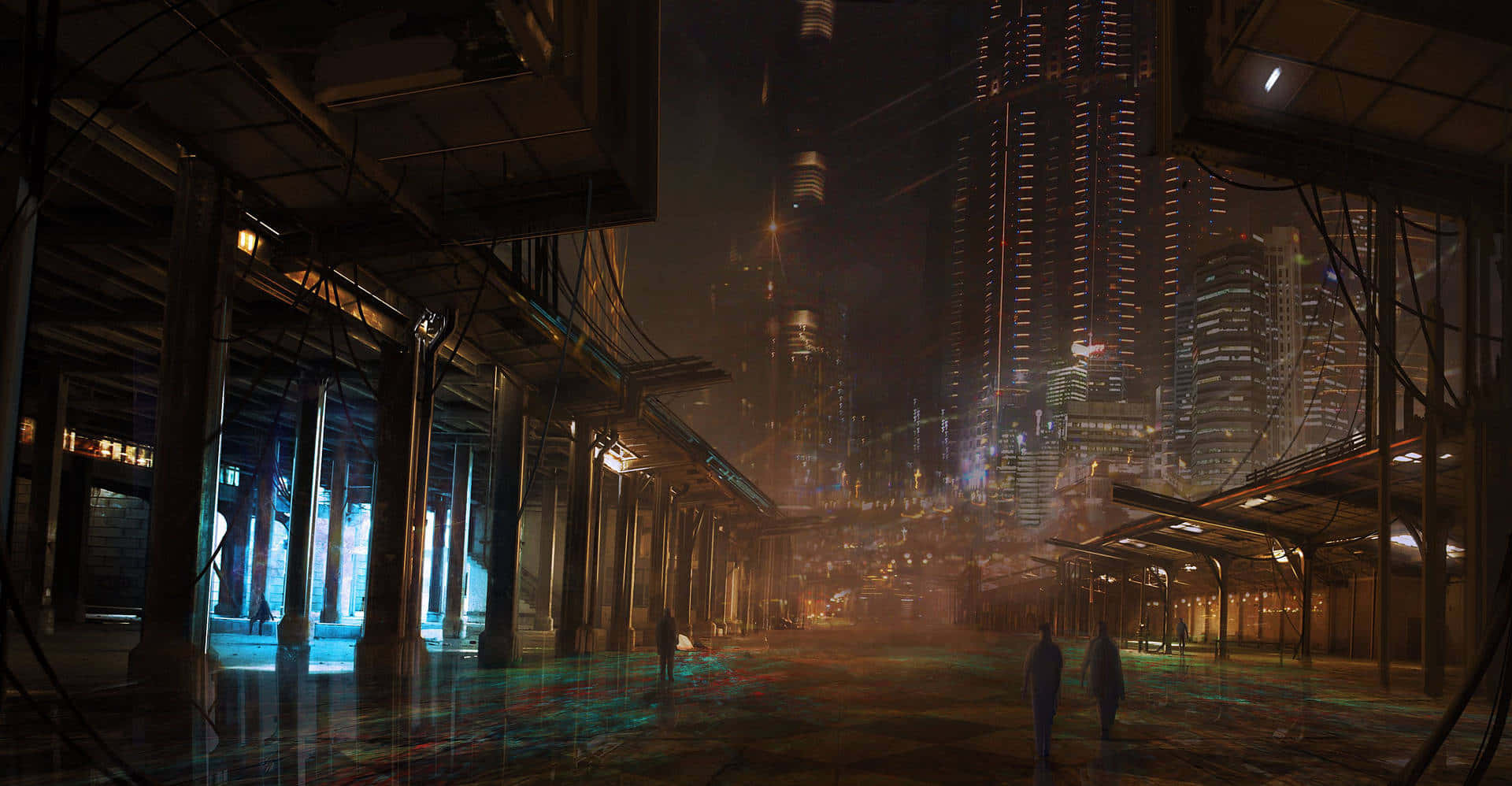 Dark Cyberpunk 桌布 壁紙 — 未來主義的城市夜景，高聳的摩天大樓閃爍著霓虹燈光，人們在有蓋走道下行走。