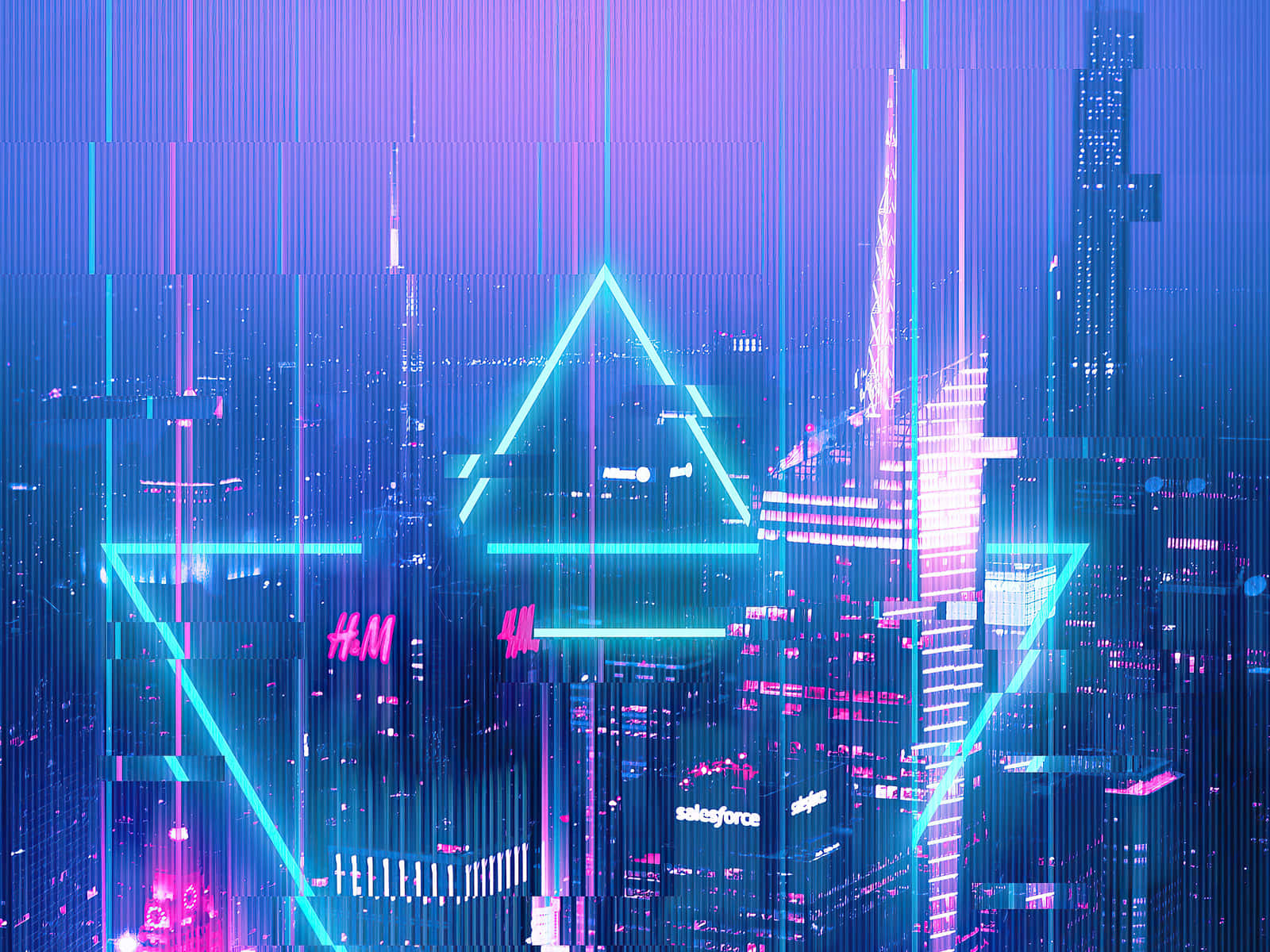 3d City 桌布 壁紙 — 未來主義的城市景觀，沐浴在霓虹藍和粉紅色的光芒中，帶有發光的幾何疊加和數位失真效果。