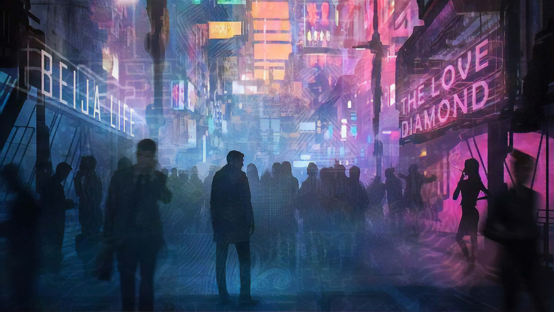 夜晚的未來城市街道，有發光霓虹招牌和剪影行人。