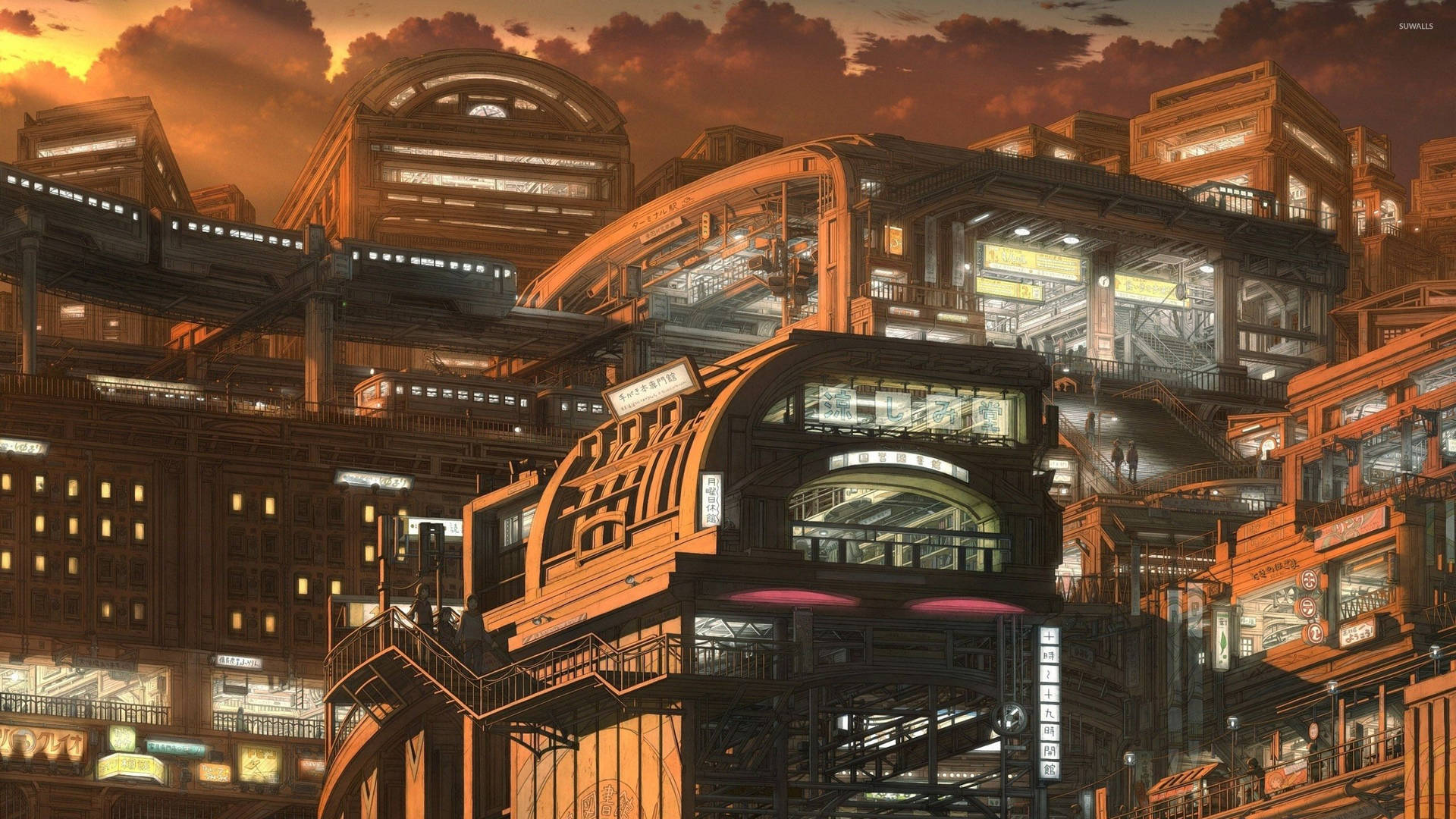 夕陽下的未來城市，建築發光，層疊建築風格。