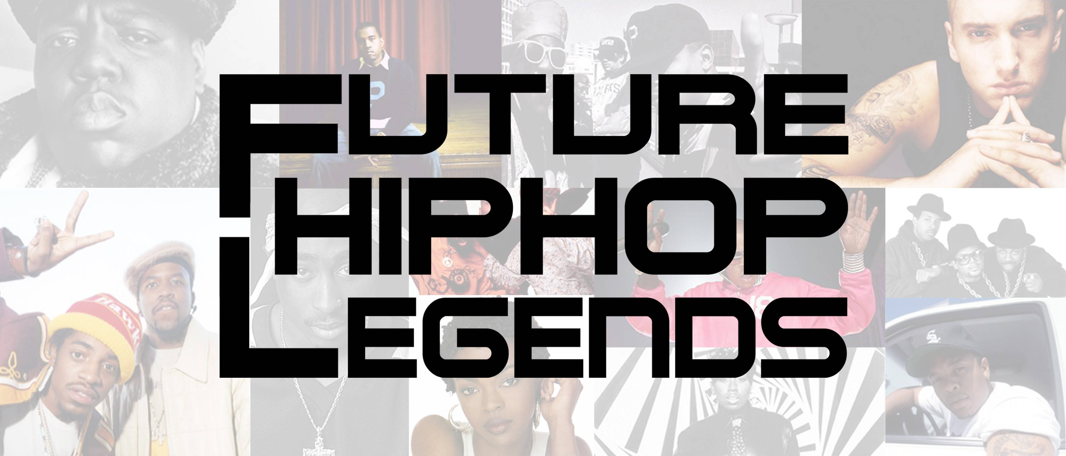 未來嘻哈傳奇 壁紙 — 粗體黑色文字「FUTURE HIPHOP LEGENDS」覆蓋在灰階和彩色的嘻哈藝術家拼貼畫上。