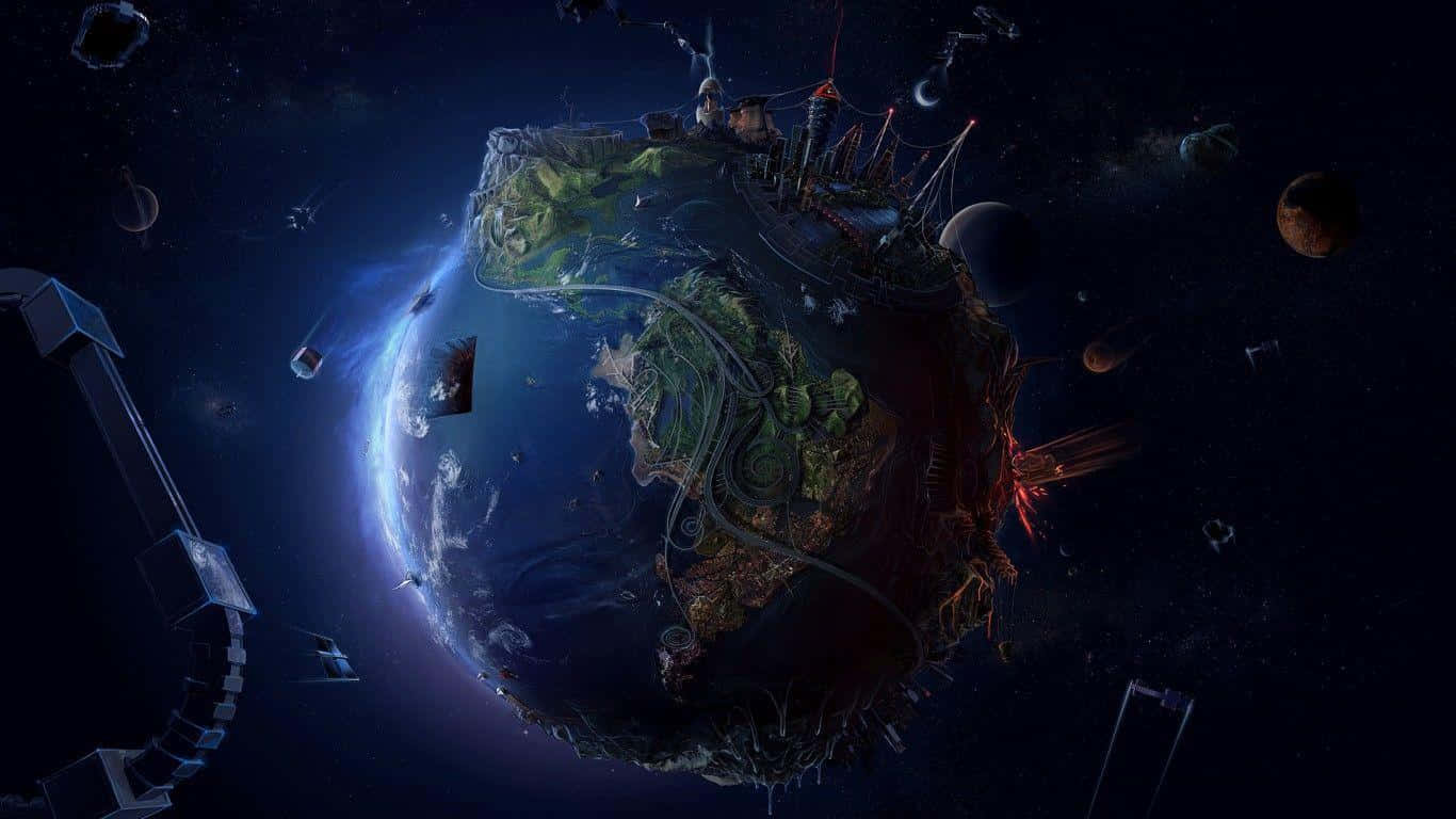 未來地球 1366x768 監視器背景 數位藝術 壁紙 — 一個漂浮的島嶼，擁有茂密的綠色植物和未來主義建築，在深空中懸浮在一個發光的藍色星球旁邊。