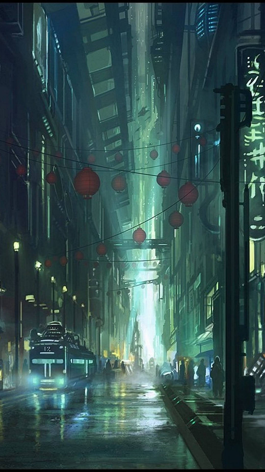 手機 桌布 壁紙 — 未來城市中一條被雨水打濕、霓虹燈閃爍的小巷，有發光的燈籠和巴士在濕漉漉的路面上反射。