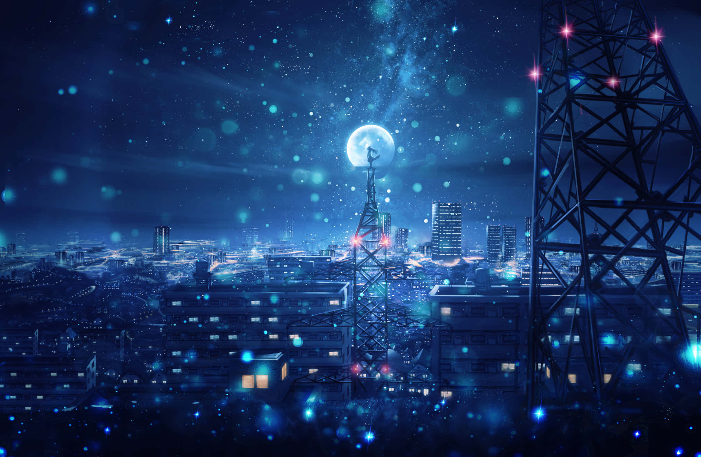 Aesthetic Anime City 桌布 壁紙 — 未來城市夜景，在發光的月亮下，閃爍的藍色燈光和高聳的通訊塔。