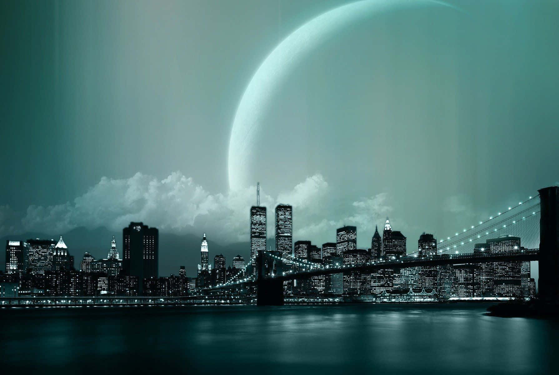 月光 桌布 壁紙 — 未來城市夜景，巨大發光的彎月下，帶有青綠色和黑色色調。
