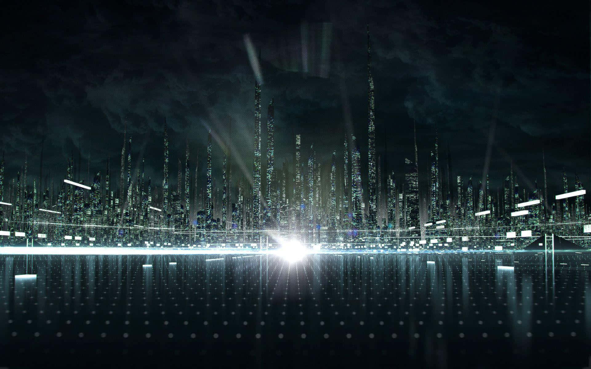 未來城市夜景，閃爍的塔樓倒映在黑暗的水中。 — 創戰紀 壁紙