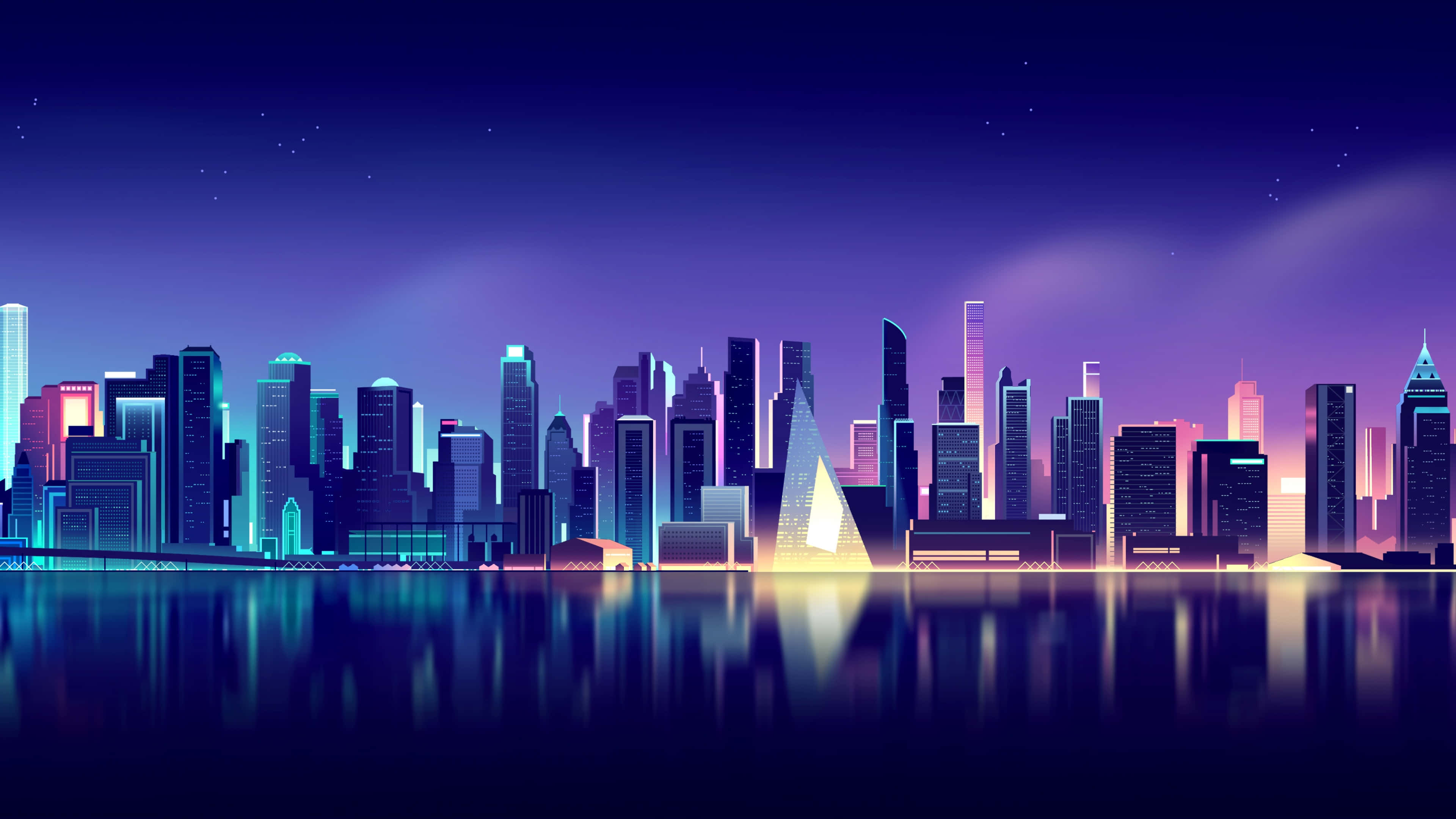 城市景觀 桌布 壁紙 — 未來城市夜景，霓虹燈光在繁星點點的紫色天空下倒映在水面上。