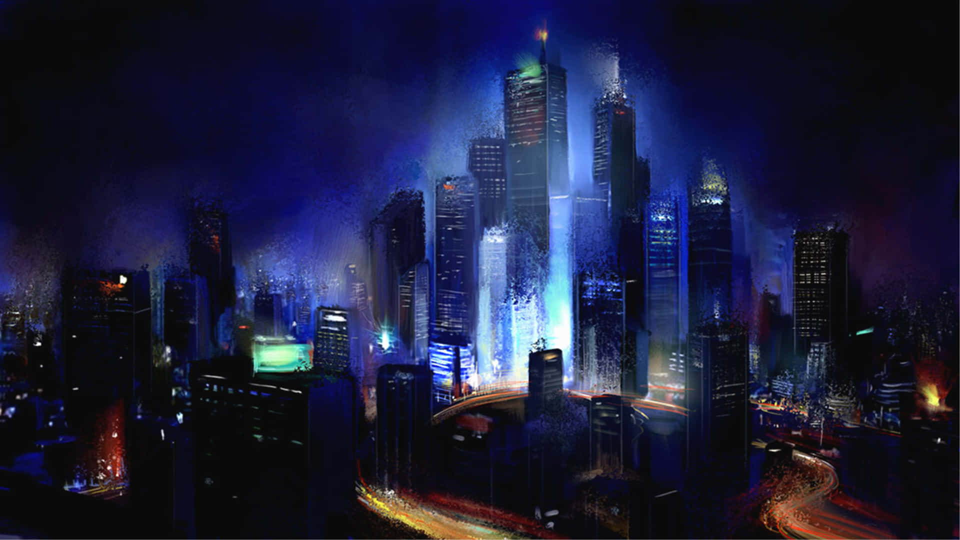 城市景觀 桌布 壁紙 — 未來城市夜景，高聳的摩天大樓在霓虹藍色和紫色燈光下閃耀，下方車流如織。