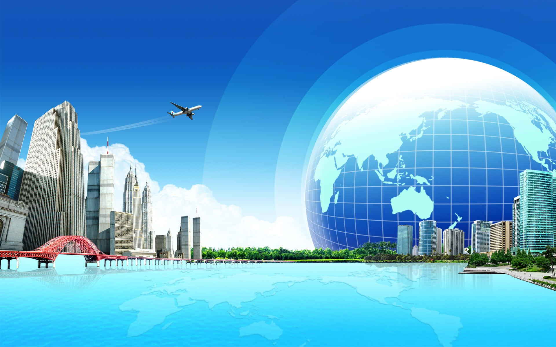 3d Travel 桌布 壁紙 — 未來城市景觀，摩天大樓和紅色橋樑旁邊有發光的藍色水面，有一個大型數碼地球儀和飛機在晴朗的藍天下飛行。
