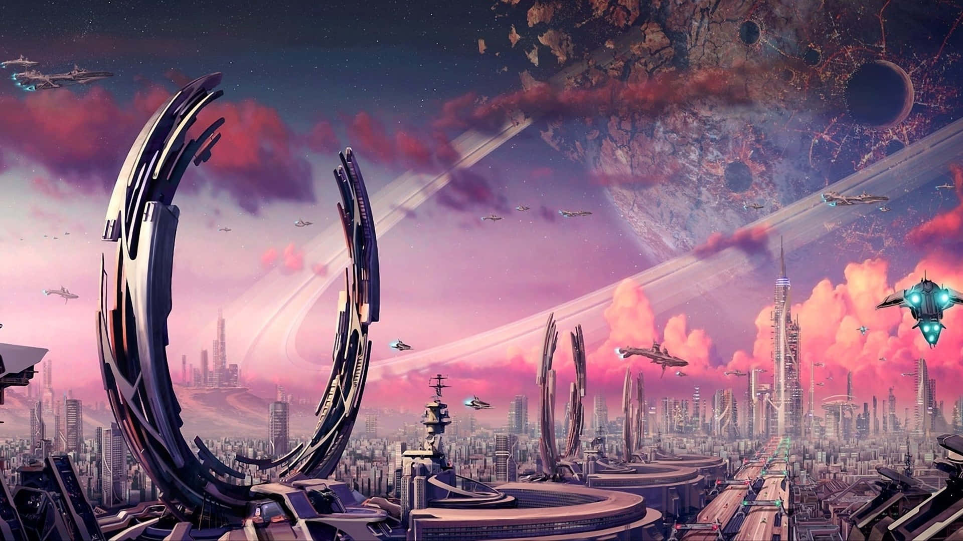 3d City 桌布 壁紙 — 未來城市景觀，粉紅和紫色天空下，有飛行船和巨大環形結構，以宇宙為背景。