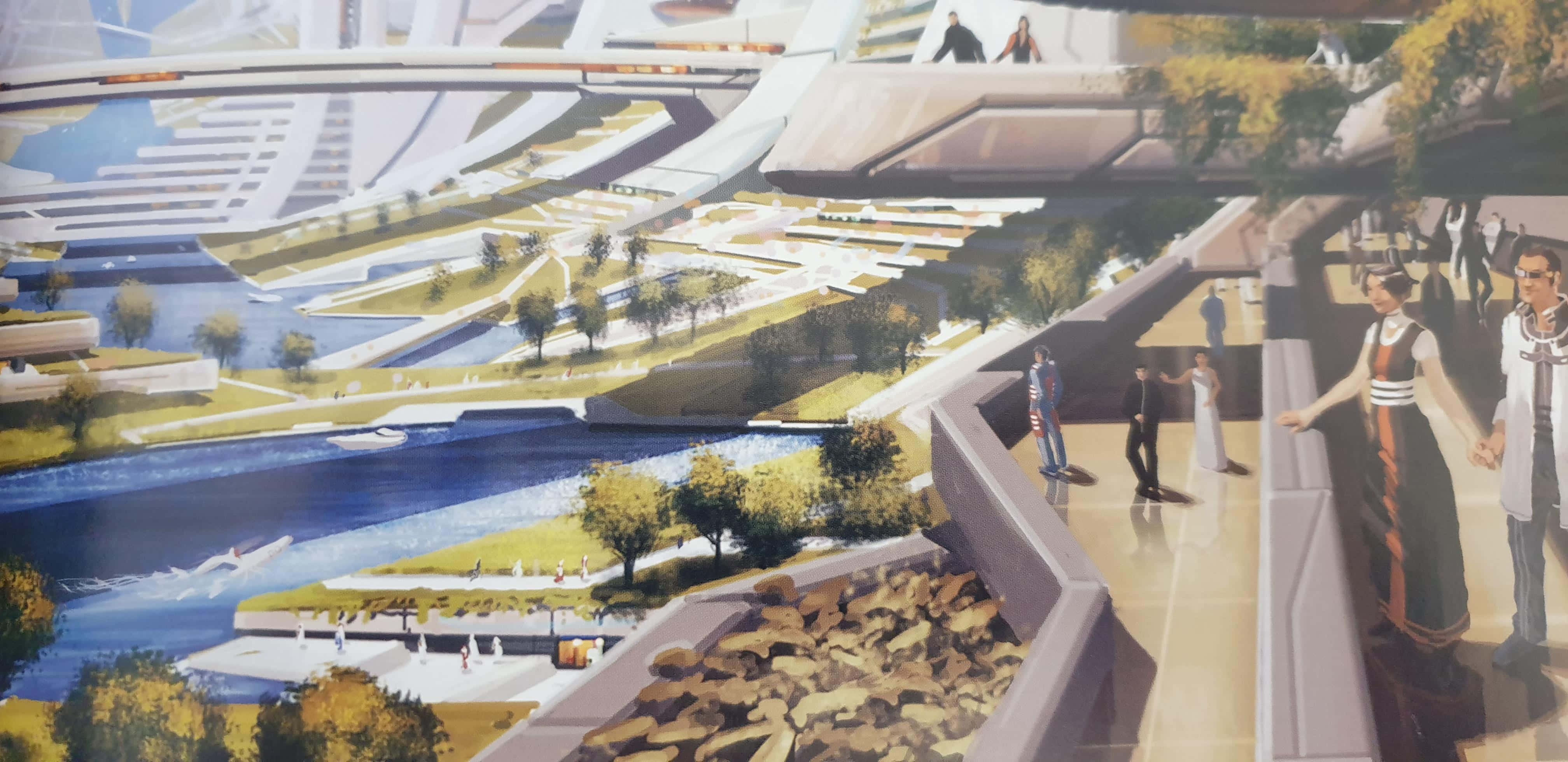 Mass Effect Citadel 桌布 壁紙 — 未來城市景觀，設有浮橋和河濱公園，人們在明亮的日光下漫步。